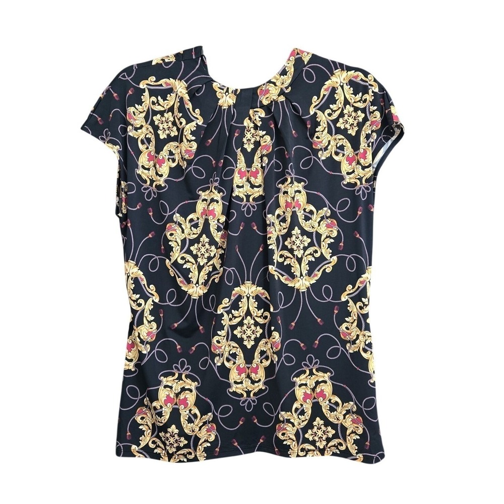Worthington Petite Stretch Blouse PL Black Gold Baroque Scroll Pleated Zip Top